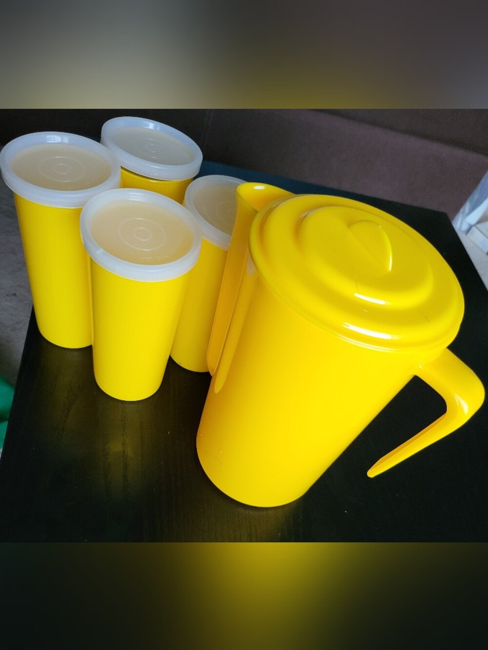 Bright Yellow Plastic Pitcher and Tumblers Set